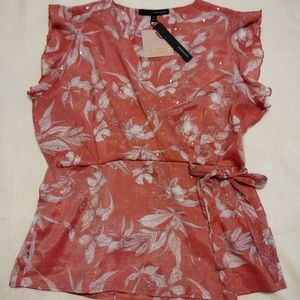 Harvé Benard XL Coral White Floral Gold Diamond Gauzy Top
